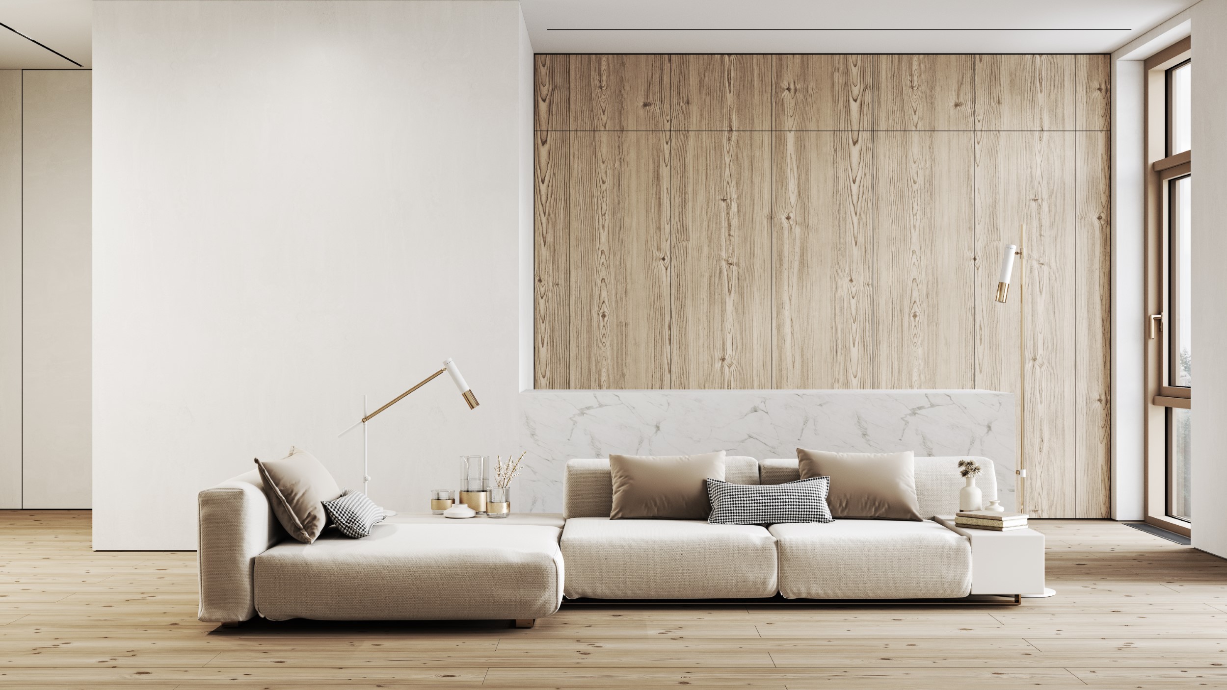 Modern,,White,Minimalist,Interior,With,Kitchen,,Sofa,,Wood,Floor,,Wall